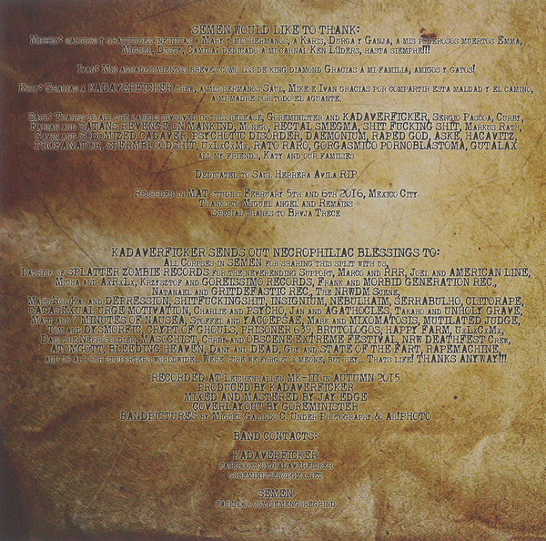 Kadaverficker / Semen (3) : Kadaverficker / Semen (7", EP, Ltd, Num)