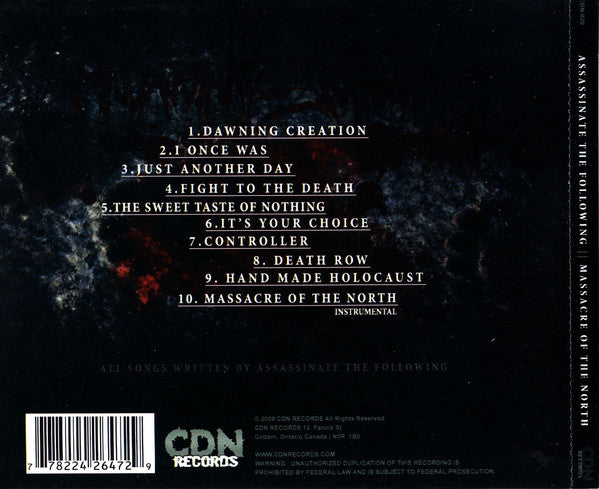 Assassinate The Following : Massacre Of The North (CD, Album)